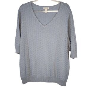 Ella Moss XXL Blue Textured Knit V Neck 3/4 Sleeve Pullover Sweater Top ‎ EUC